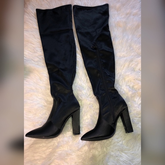 BAMBOO Shoes - BAMBOO Black Satin Over The Knee Heeled Boots